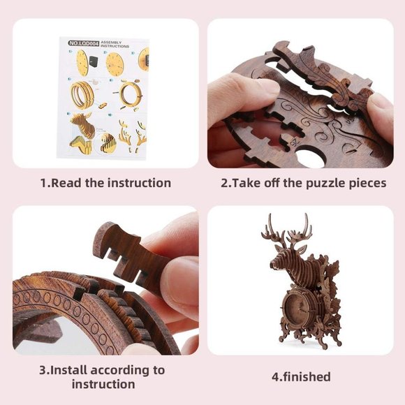 Nicknack 3D Jigsaw Puzzle Wooden Reindeer Desk Clock Model Kits - 52 PCS (Dark) - Picture 8 of 11